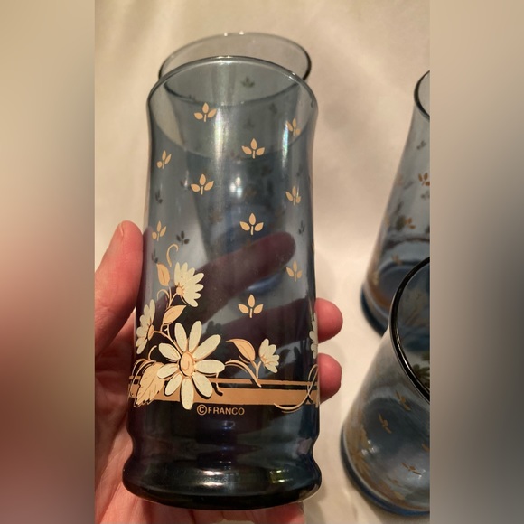 Vintage Libbey Franco Glass Tumblers Bolero Dusky Blue Daisy Flower Set Of 6 - Picture 2 of 8